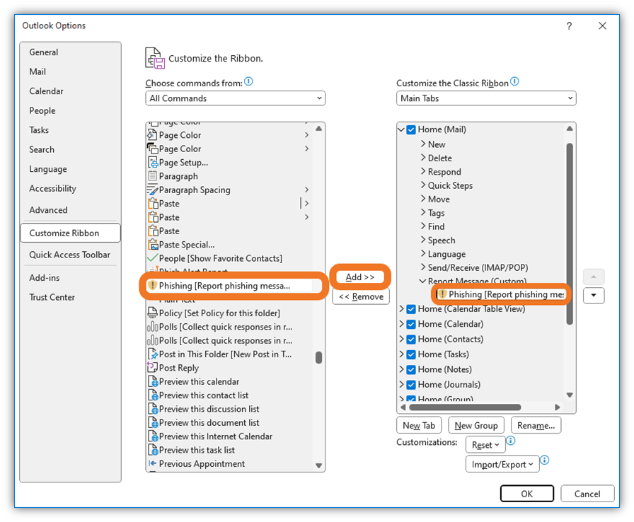 An example of adding the phishing tool to your ribbon