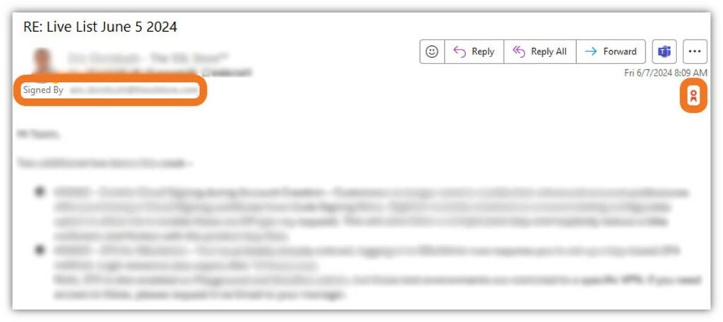 An example of a digitally signed email in Outlook