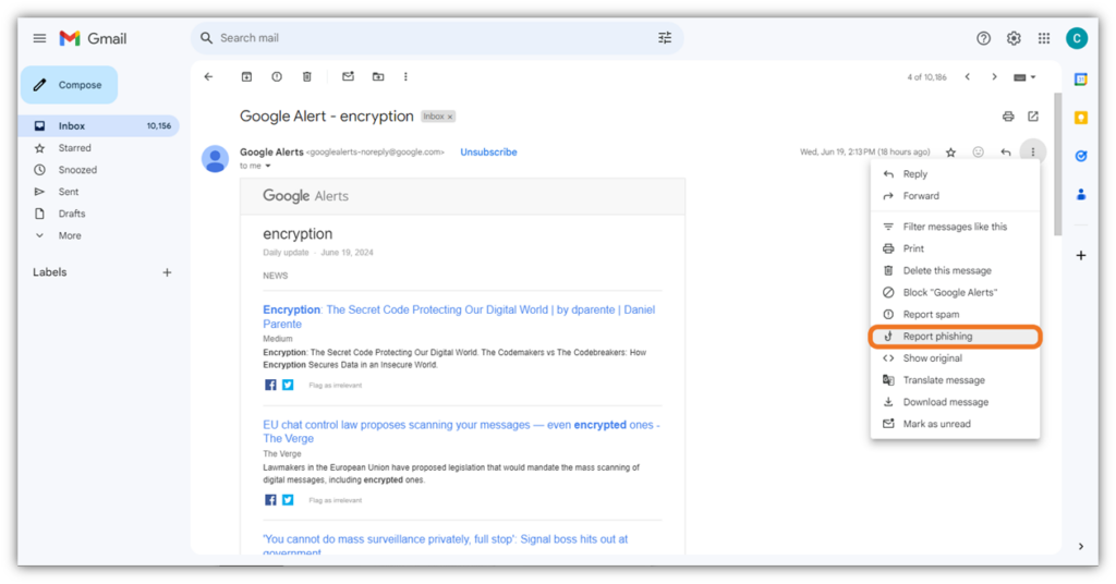 Reporting a phishing email in Gmail