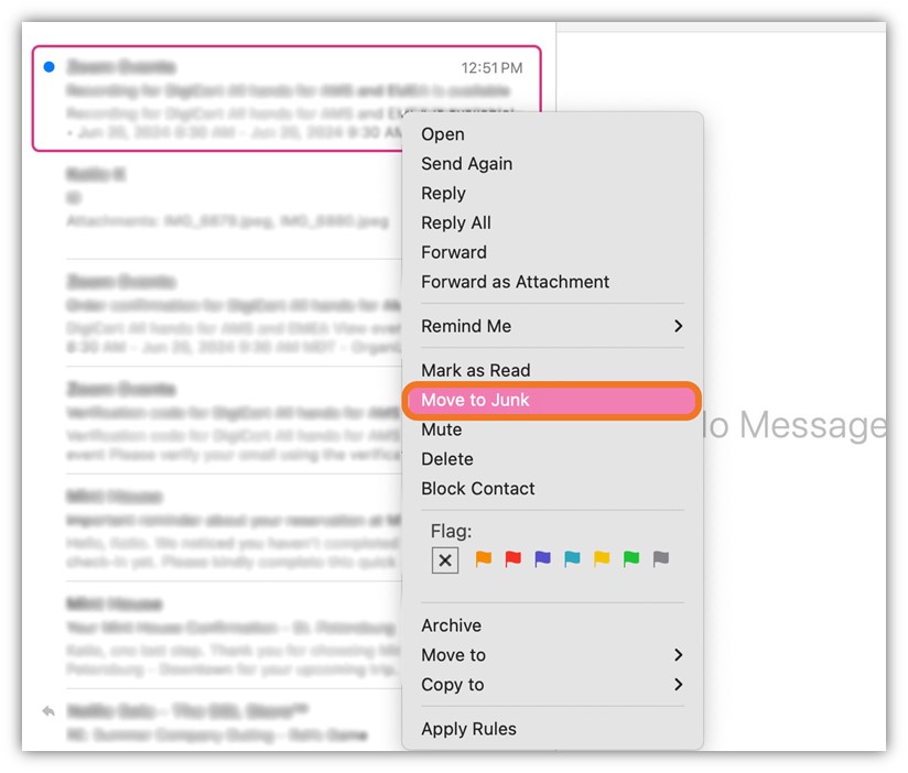 A screenshot of reporting a message as a phish by moving it to junk (there isn't a "report phishing" method specifically in Apple Mail)
