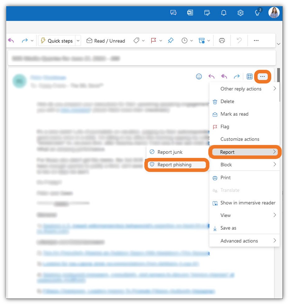 How reporting a phishing email works in Outlook's Webmail when you've already openeda message