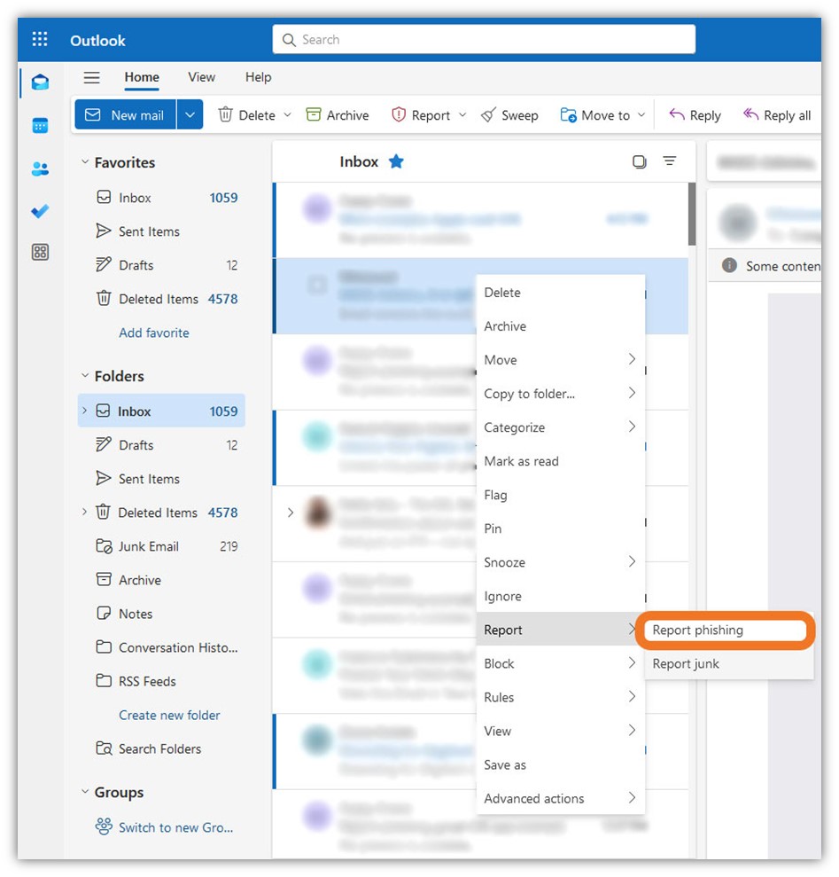 Showing how to report a phishing email in Outlook Webmail
