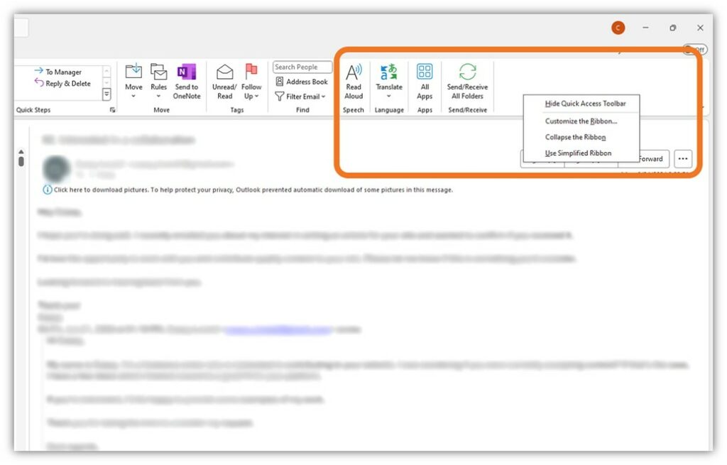 A screenshot showing how to access the Customize the Ribbon option