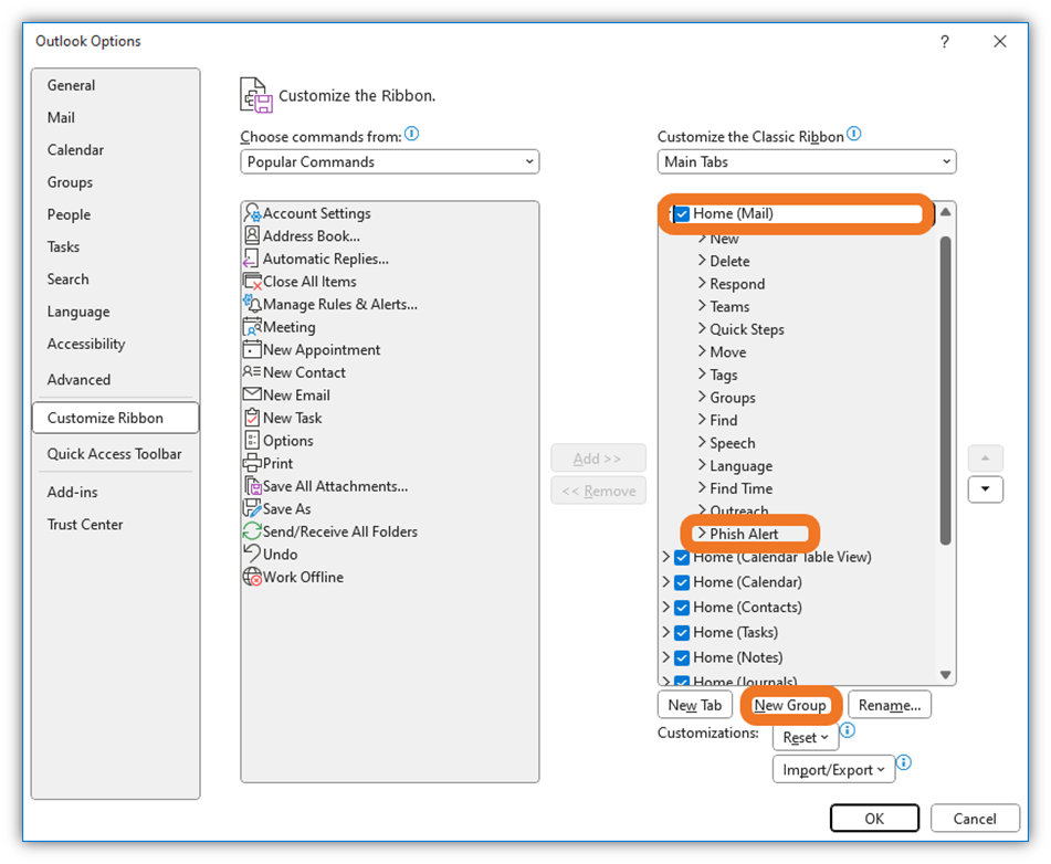 Outlook's options for customizing the ribbon by adding a new Phish Alert group