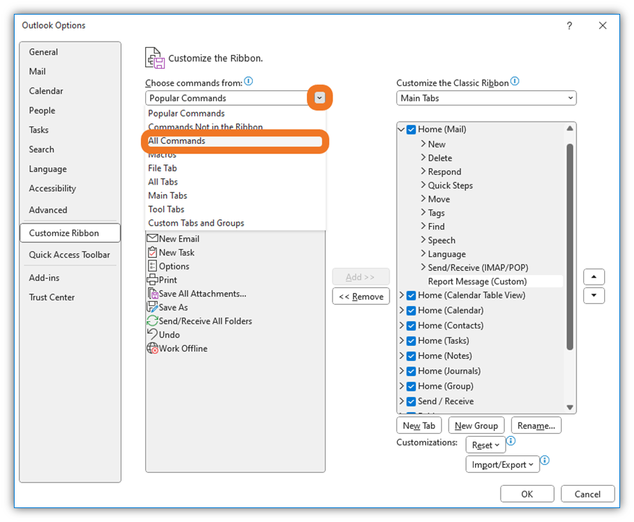 Outlook's options for adding a custom command to the Ribbon toolbar