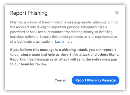 Reporting a phishing email confirmation screen in Gmail
