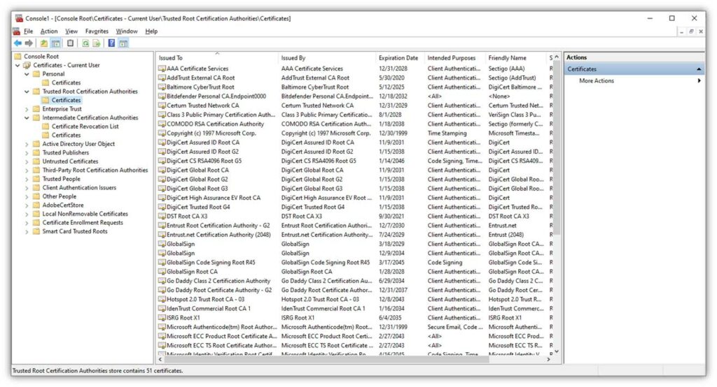 The MMC console displays certificates trusted by Microsoft's Trusted Root Program.