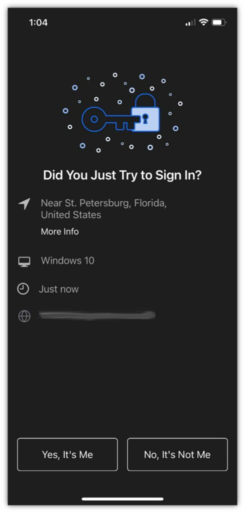 An example screenshot I captured from an MFA solution that doesn't rely on SMS text notifications or alerts.
