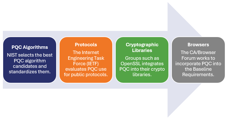 A basic flow of what's involved in making public PQC a reality for the internet regarding public-facing websites