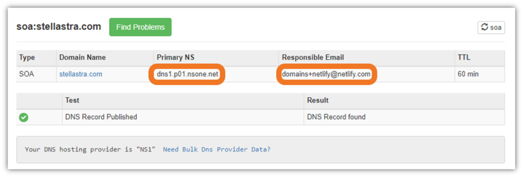 Email deliverability graphic: A screenshot of the Start of Authority (SOA) record for Stellastra, which helps you identify the responsible party's email address