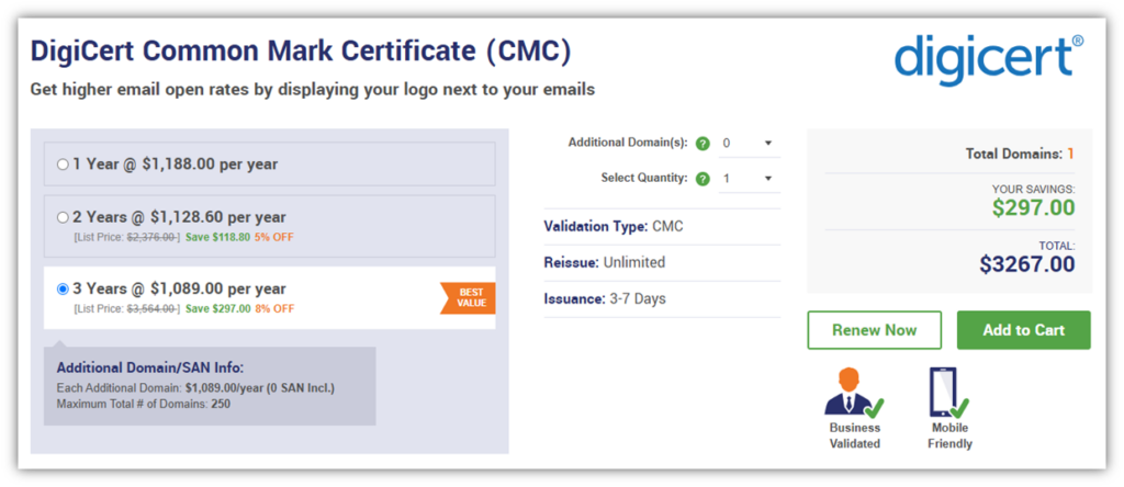 A screenshot from the Common Mark Certificates product page.