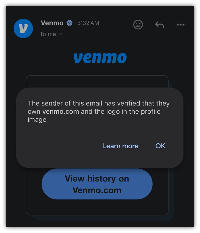 A screenshot of a Venmo email that shows what recipients see when they click on the Verified blue checkmark in emails that use a Verified Mark Certificate