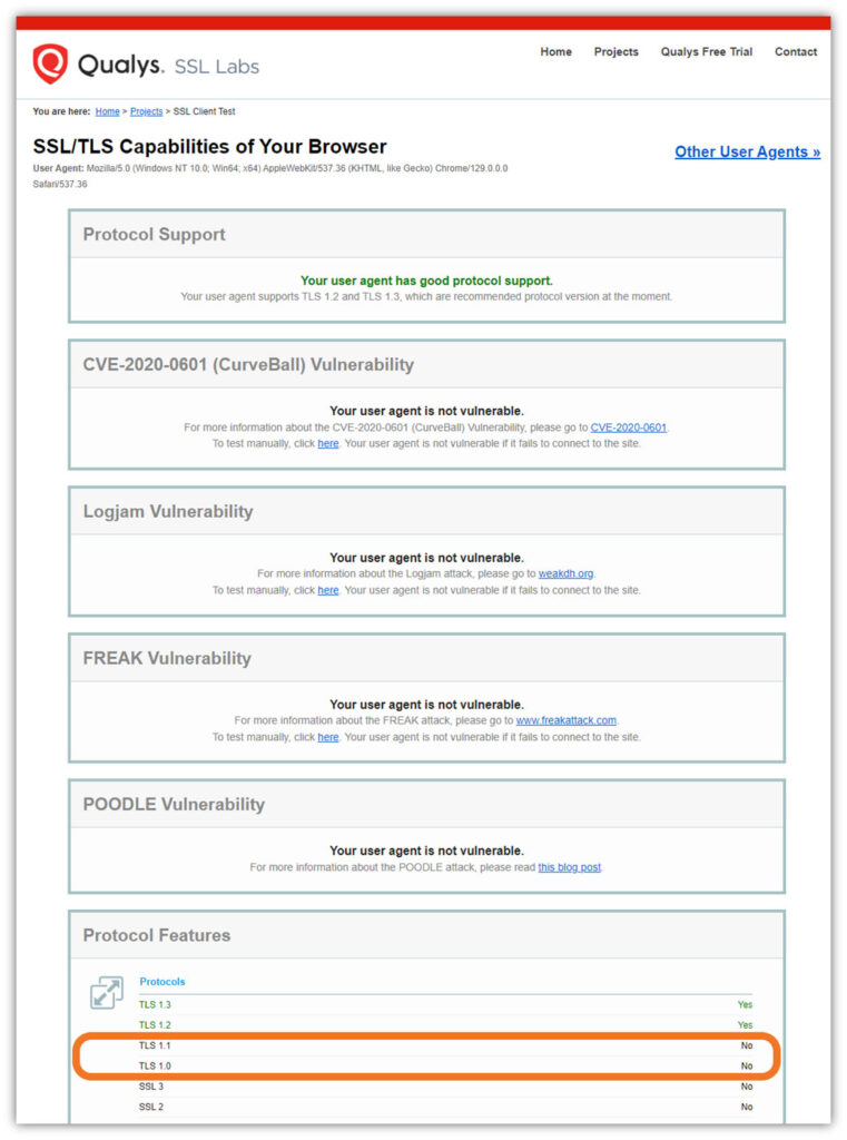 This shows the user agents that support TLS 1.2 minimum because TLS 1.0 or TLS 1.1 are deprecated
