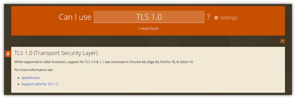 A screenshot the browser versions for which TLS 1.0 is deprecated to eliminate TLS 1.0 vulnerability issues