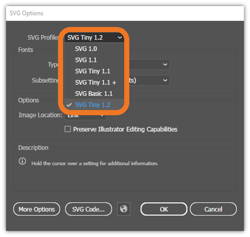 A screenshot from Adobe Illustrator's SVG Options screen that shows where you can select the SVG Tiny 1.2 profile.
