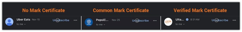A side-by-side peek at how it looks when you don't use a BIMI certificate (left) versus when you use a Common Mark Certificate (center) or a Verified Mark Certificate (right).