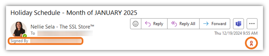 An example screenshot of how a digitally signed email displays in Outlook with the digital signature ribbon and "signed by" message that includes the sender's email address