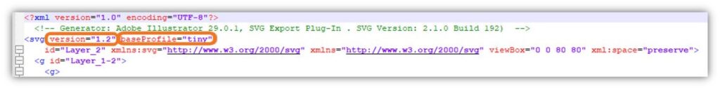 A close up look at the code that displays when you've selected the SVG Tiny 1.2 profile in Adobe Illustrator.