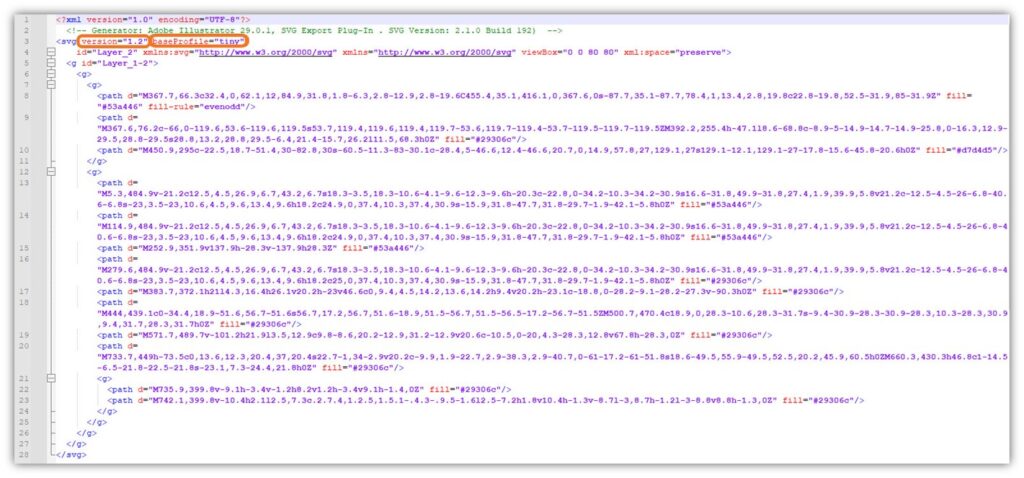 An example of the code that auto populates when you've selected the SVG Tiny 1.2 profile in Adobe Illustrator.