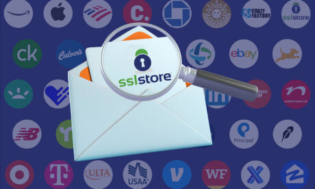 Feature image for the article about BIMI and Mark Certificate updates. It's a branded email set on a blue background with other companies' BIMI logos