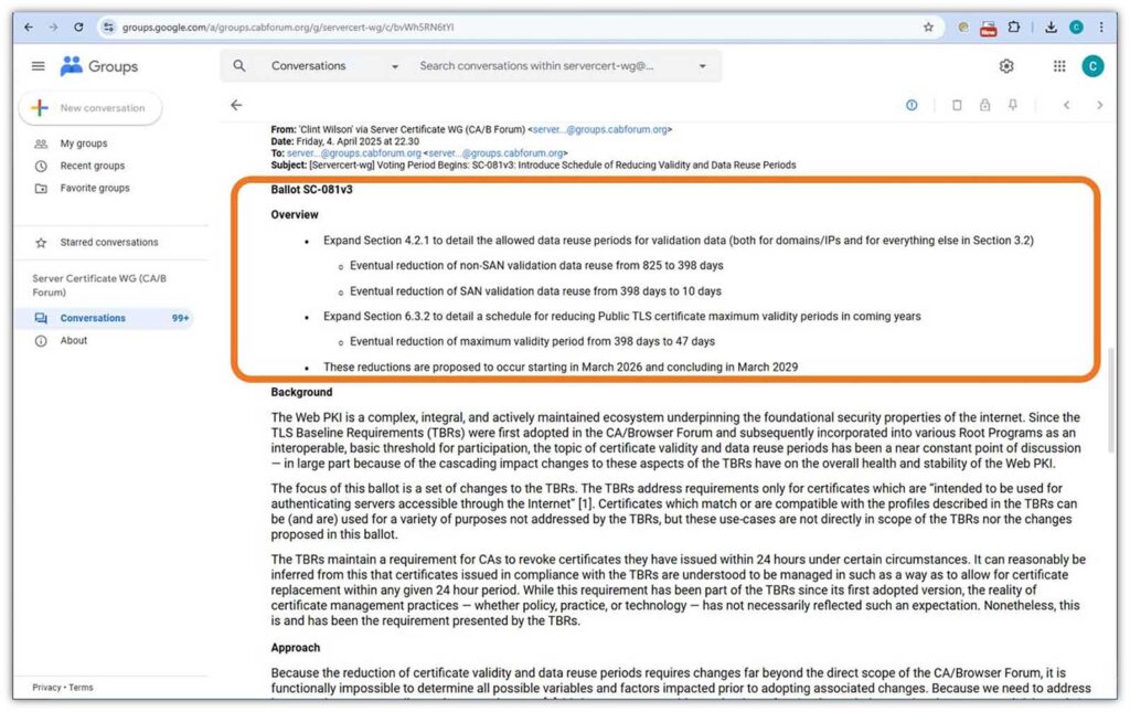 A screenshot of the proposed CA/B Forum Ballot SC-081v3, which will reduce certificate validity to 47 days by 2029