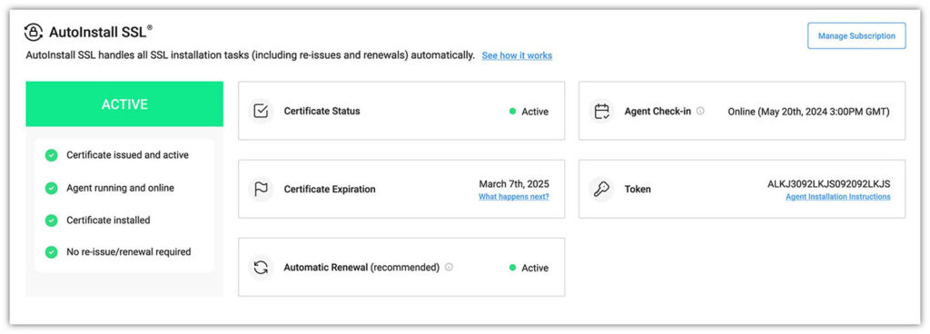 A screenshot of the AutoInstall SSL dashboard