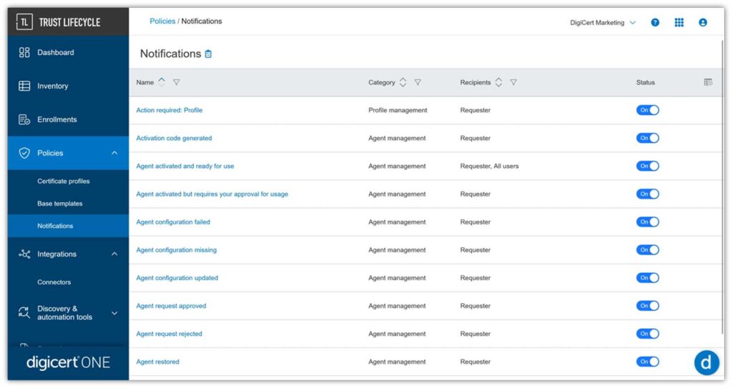 A screenshot of the notifications policies tab in DigiCert One.