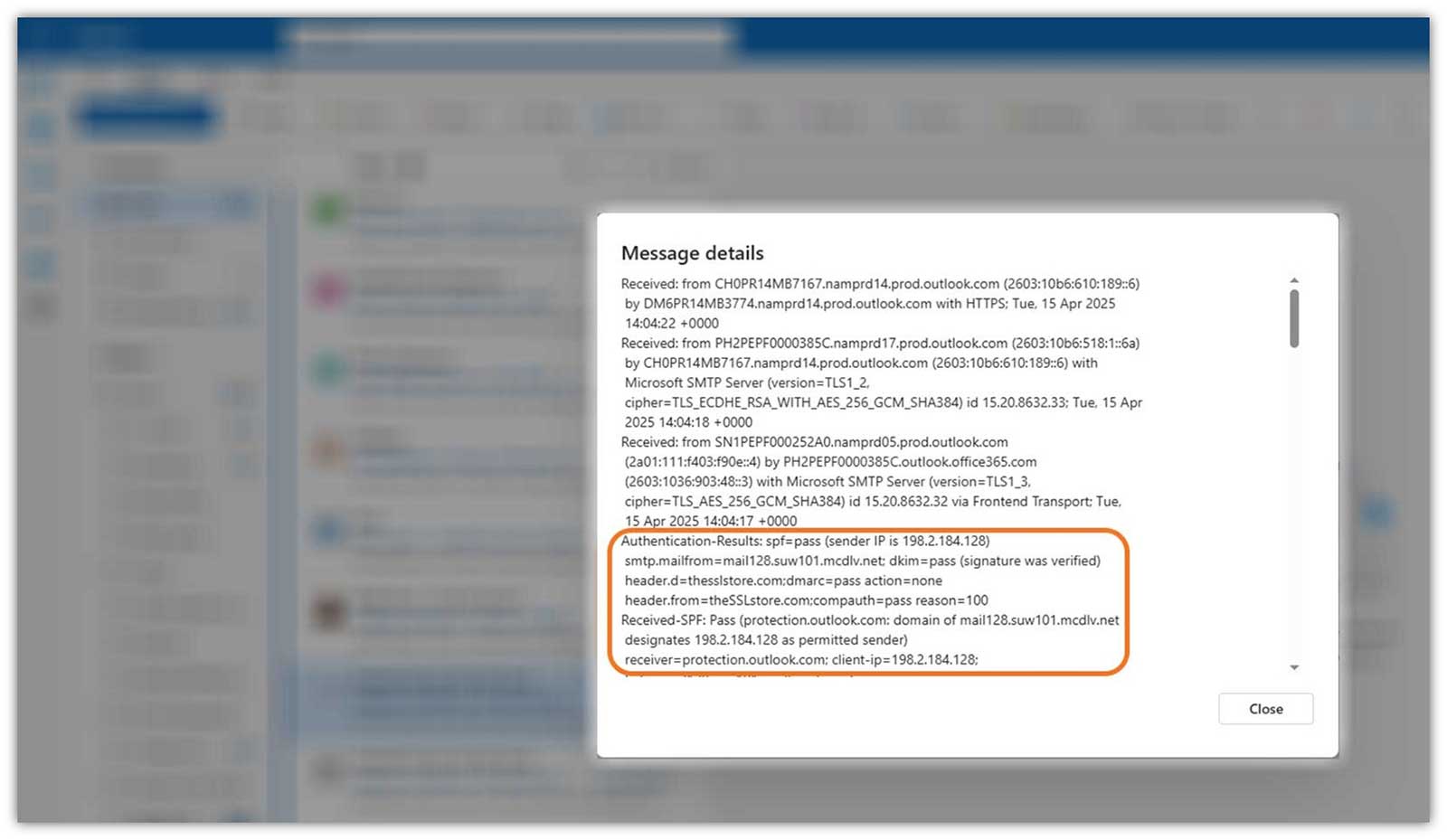An example of what SPF and DKIM records check results look like in Outlook.com web mail services