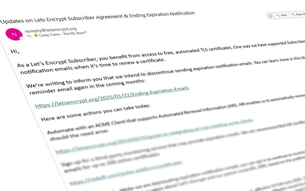A snippet from a Let's Encrypt email informing customers that the CA would no longer issue certificate expiration notices starting June 4, 2025.