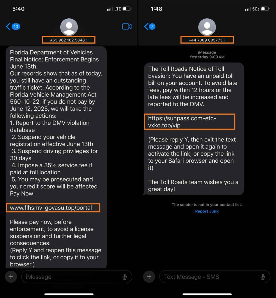 Two examples of the many road toll scam SMS text messages the article author received in the past couple of months.