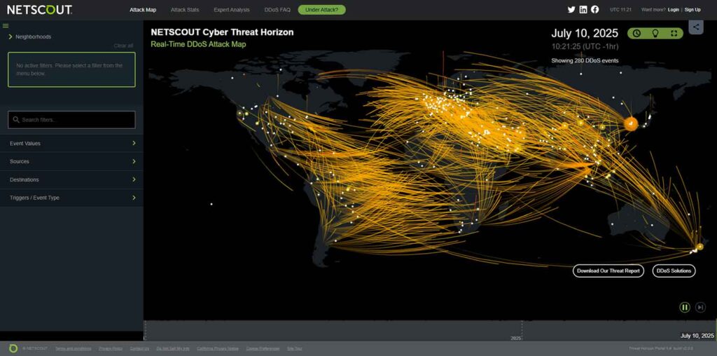 A screenshot from NetScout's DDoS Cybr Attack Map online tool