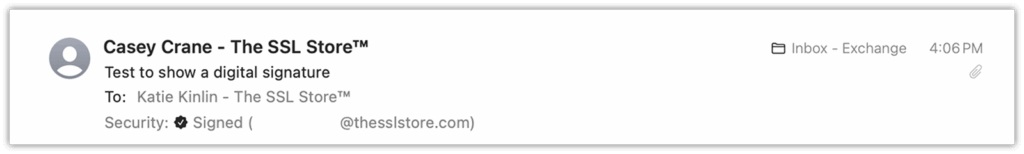 Signature verification graphic: An example of how an email displays in Apple Mail that's been digitally signed