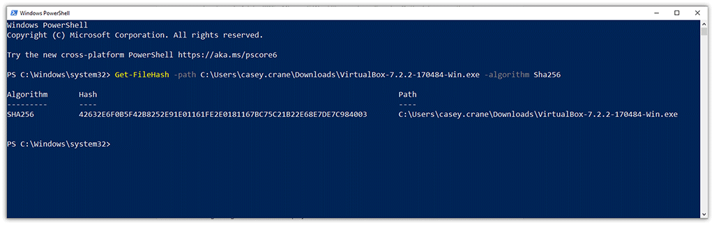 An example of an executable file's hash value (digest) for VirtualBox