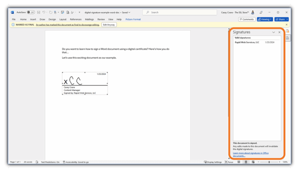 An example of a digital signature's verification in Word