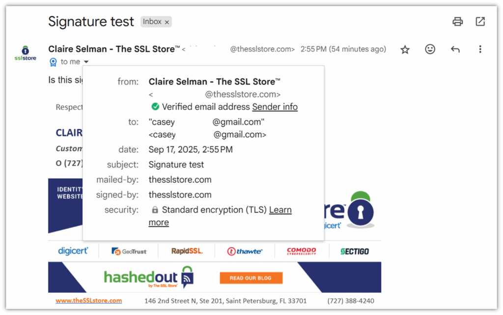 An example of digital signature validation in Gmail for digitally signed email messages