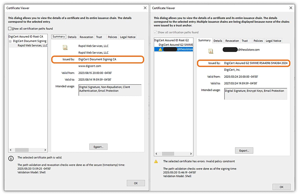 A side-by-side comparison of what it looks like when the wrong type of digital certificate is used to sign a PDF.