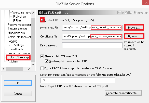 Filezilla export server settings comodo generate crs