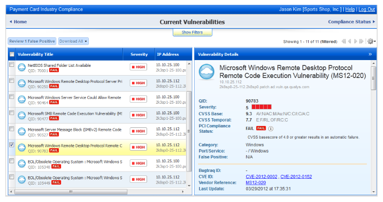 Graphic: List of vulnerabilities detected by Sectigo HackerGuardian PCI scanner