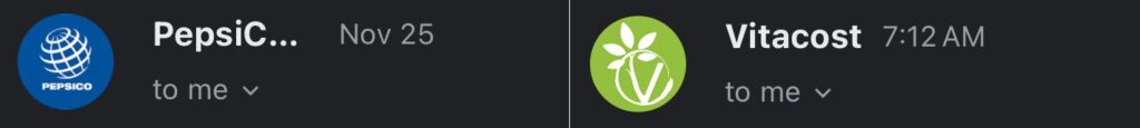 BIMI certificate cost: Screenshot examples of two emails displaying the sender companies' brand logos using a Common Mark Certificate