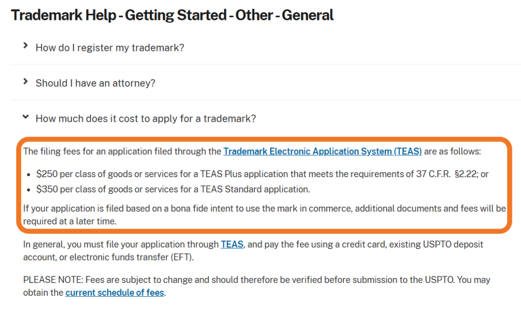 A screenshot from the U.S. Patent and Trademark Office (USPTO) about some of the costs associated with registered trademarks