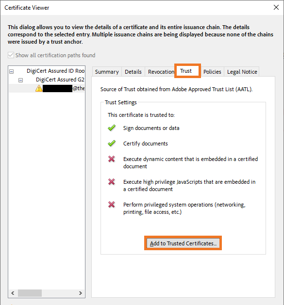 A screenshot of the Certificate Viewer screen where you can add a certificate to the list of trusted certificates in Adobe Acrobat.