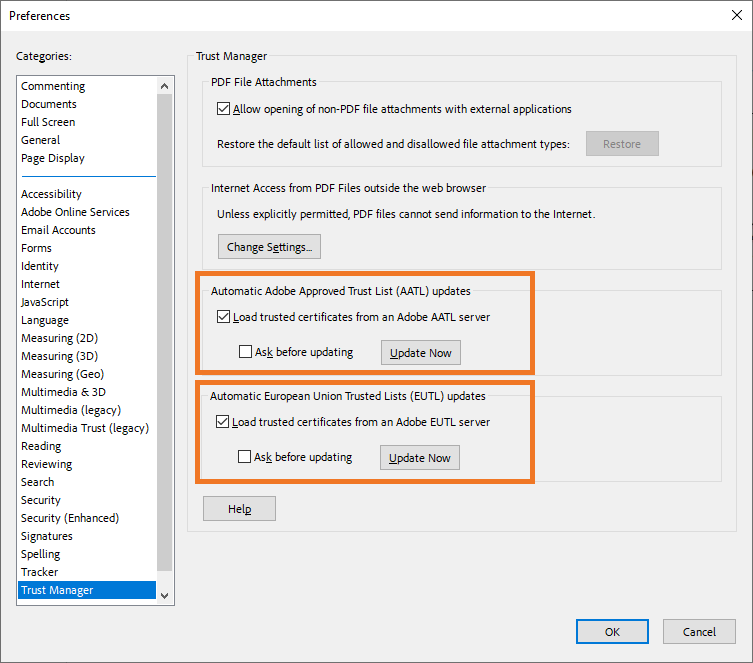 Screenshots showing where to update the trust lists (i.e., AATL and EUTL) in Adobe Acrobat.