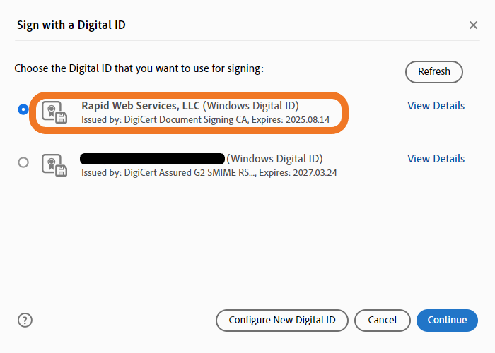 A screenshot demonstrating how to choose a Digital ID to use for signing in Adobe Acrobat.