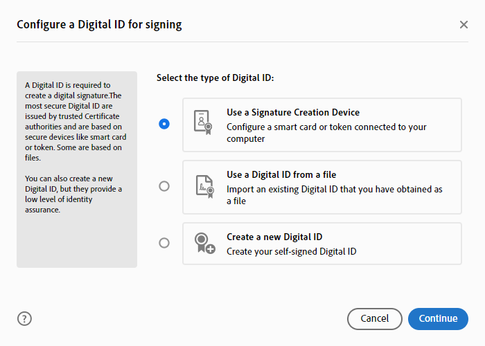 A screenshot showing how to configure a digital ID for signing in Adobe Acrobat