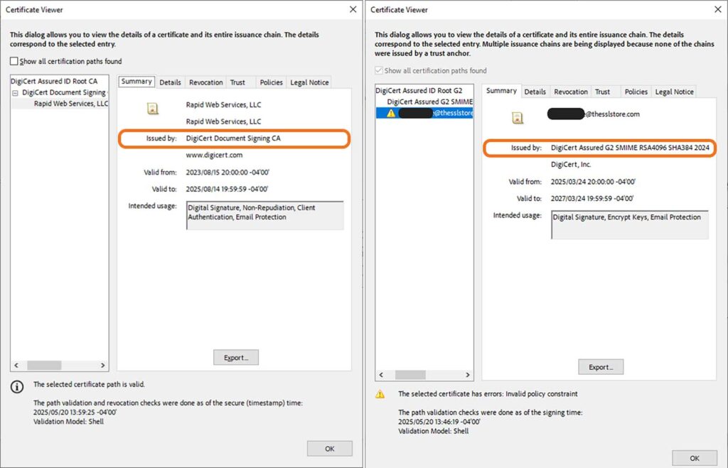 Two screenshots placed together that compare the visual difference of how a valid signature versus an invalid signature displays in a PDF in Adobe Acrobat.