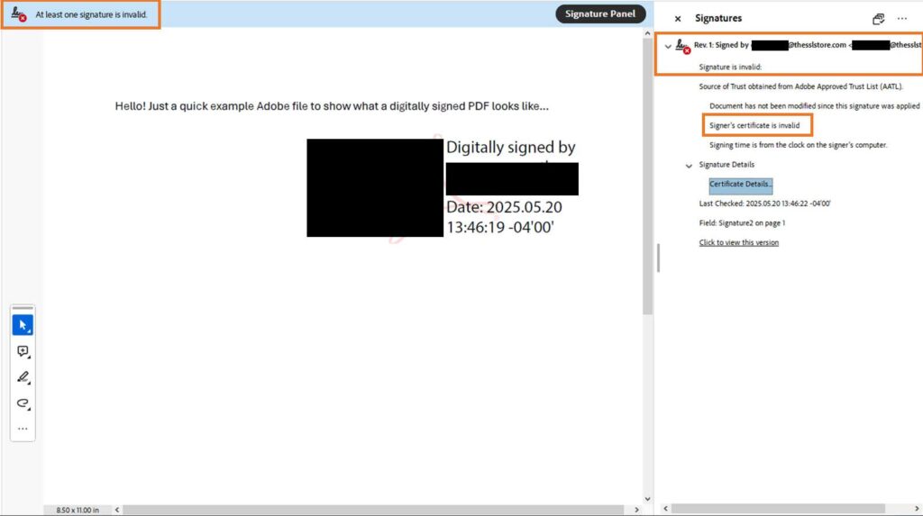 Invalid signature in a PDF example: A screenshot of how the PDF signature invalid error displays in an Adobe Acrobat PDF