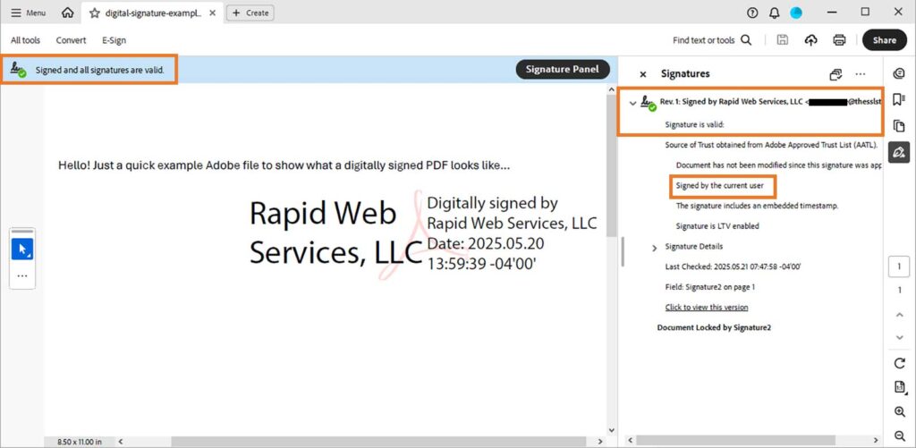 A screenshot illustrating how a valid certificate-based signature displays in a PDF in Adobe Acrobat